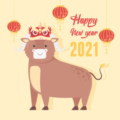 happy new year 2021 chinese, cartoon ox with decoration on head and lanterns