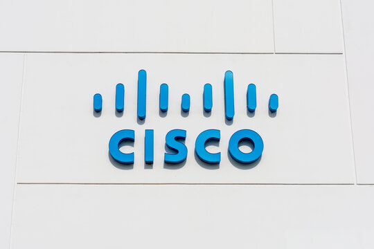 Cisco logo near Cisco headquarters campus in Silicon Valley. The blue logo is intended to depict the two towers of the Golden Gate Bridge - San Jose, California, USA - 2020