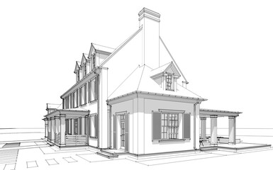 3d rendering of modern cozy classic house in colonial style with garage and pool for sale or rent with beautiful landscaping on background Black line sketch with soft light shadows on white background