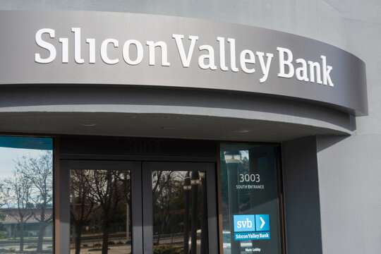 Silicon Valley Bank facade at high-tech commercial bank headquarters in South San Francisco Bay area - Santa Clara, California, USA - 2020