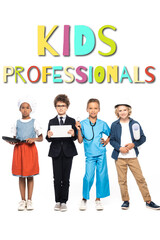 Obraz premium multicultural children in costumes of different professions near kids professionals lettering on white