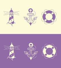 Icons on the marine theme vector. Anchor, lighthouse, lifebuoy
