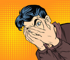 Man panicked, frightened, shocked. Pop art retro hand drawn style vector design illustrations.