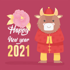happy new year 2021 chinese, greeting card with ox and flower