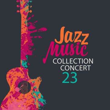 Poster for a jazz music concert with a bright abstract guitar and lettering on the black background in retro style. Suitable for vector banner, flyer, invitation, advertisement, cover, ticket