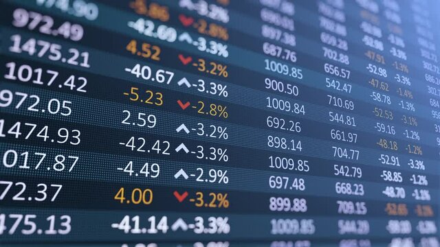 A digital table of stock market values, company indices are developing, growing and / or decreasing.