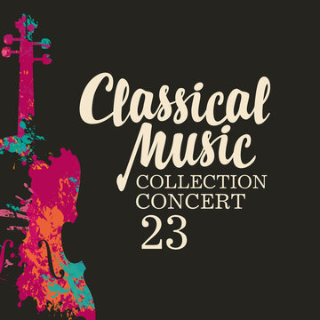 Poster of a classical music concert. Vector poster, flyer, invitation, ticket or advertising banner with an abstract violin in the form of bright paint spots and splashes on the black background