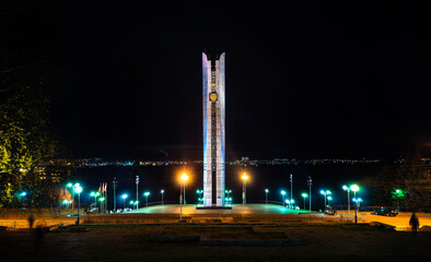 Monument of friendship of peoples on the embankment of Izhevsk pond. Night view.