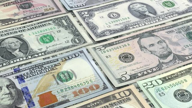 USA dollars bills. Money banknotes background. U.S. 100, 50, 20, 10, 5, 2, 1 bills. Seamless loop