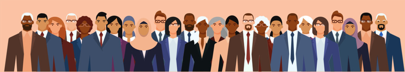 Crowd of businesspeople of diverse age and ethnicity in formal suits. Flat design vector illustration.