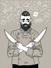 A chef with a beard and mustache in a tunic, holding two kitchen knives, stock vector illustration for design and decor, black outline. Background, poster, banner, doodle style food image.