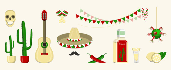 Mexican Fiesta, Cinco de Mayo. Vector template with traditional mexican symbols.