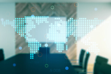 Multi exposure of abstract creative digital world map hologram on a modern conference room background, tourism and traveling concept