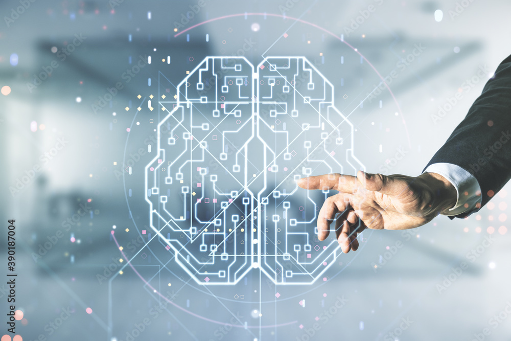 Poster double exposure of man hand presses on creative artificial intelligence interface on blurred office 