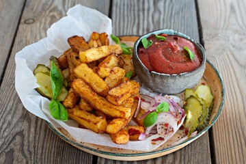 Fried potatoes (deep fried) with herbs and spices, ketchup, pickles and slices of pickled onion on a plate on a wooden background. Potato food . Baked potatoes with spices and salt.