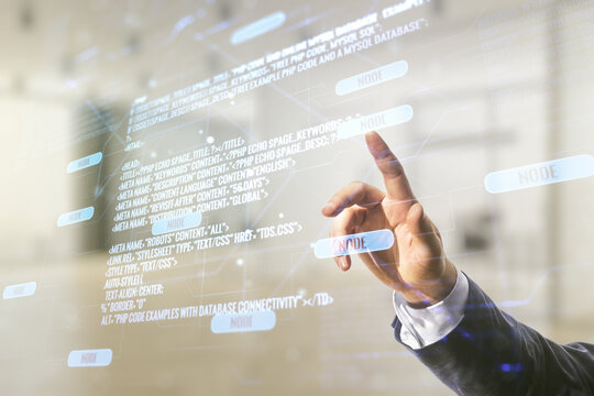 Man hand clicks on abstract virtual coding illustration on blurred office background, software development concept. Multiexposure