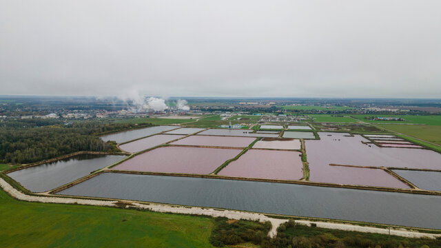 Aerial view of modern industrial sewage treatment plant. Sugar refinery sewage treatment plant. Ecological problem.