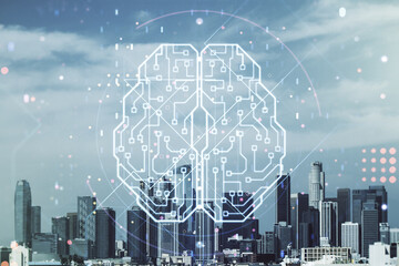 Double exposure of creative artificial Intelligence interface on Los Angeles city skyscrapers background. Neural networks and machine learning concept