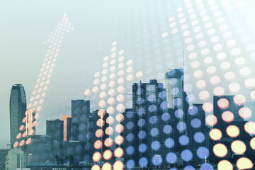 Abstract virtual upward arrows sketch on Los Angeles office buildings background, target and goal concept. Multiexposure