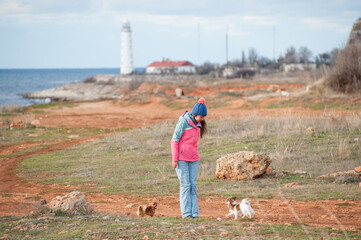 girl owner training her little chihuahua dogs on sea shore in winter spring