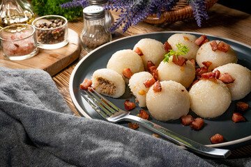 Meat stuffed potato dumplings.