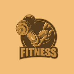 fitness arm holding barbell logo round shape in vintage color
