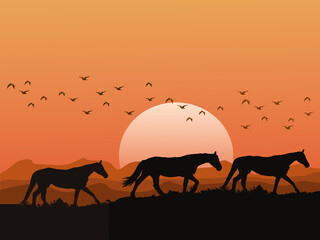 The silhouette of a herd of horses on the hills at sunset has mountains and orange sky as background