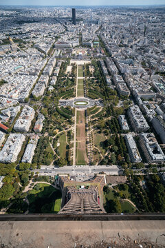 High angle view of Champ de Mars and Ecole Militaire seen from Eiffel Tower