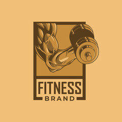 fitness arm holding barbell logo square shape in vintage color