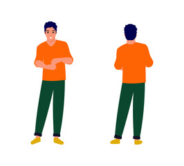 Young man stands, front and back view, isolated figure on white background. Flat design illustration of a guy.