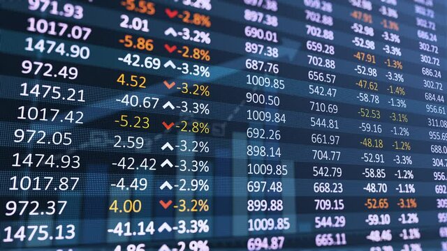 A digital table of stock market values, company indices are developing, growing and / or decreasing.