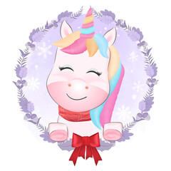 Cute little unicorn with wreath Christmas watercolor illustration.