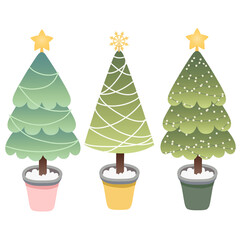 Set of three Christmas tree illustration isolated on white background. Cute Christmas trees in cartoon style