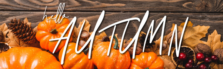 Top view of decoration with pumpkins near hello autumn lettering on brown wooden background, panoramic crop © LIGHTFIELD STUDIOS