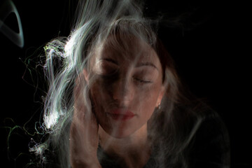 lightpainting portrait, new art direction, , light drawing at long exposure