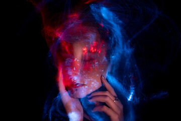 lightpainting portrait, new art direction, , light drawing at long exposure