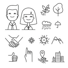 Set of business icons. Outline pictograms with people, hands and nature elements