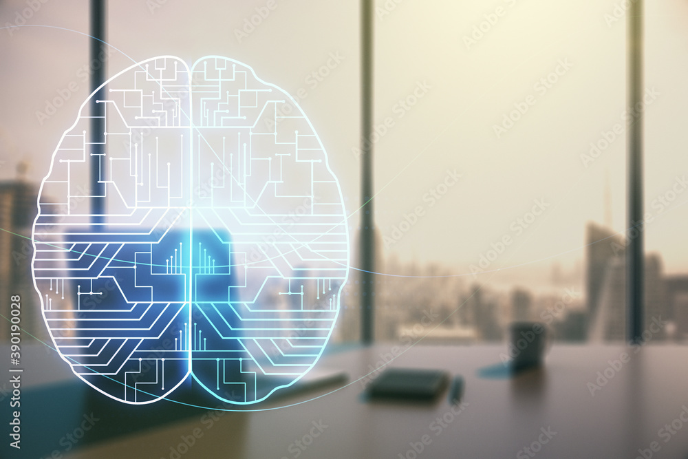 Poster creative artificial intelligence concept with human brain sketch and modern desktop with pc on backg