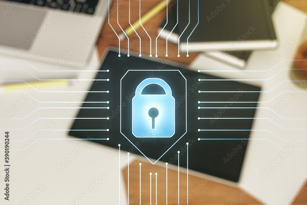 Aufkleber creative lock sketch with chip hologram and modern digital tablet on background, protection of perso