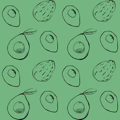 Seamless vector pattern of an avocado outline on a green isolated background. For fabric, cover, and background.