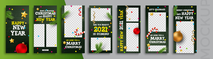 Editable Christmas and New Year stories vector template for social media. Instagram	