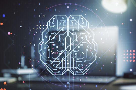 Creative artificial Intelligence concept with human brain hologram on modern laptop background. Multiexposure