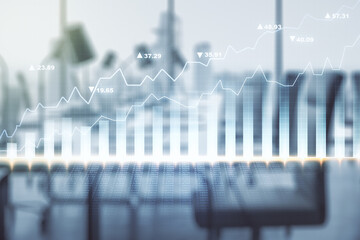 Abstract virtual financial graph hologram on a modern furnished office background, forex and...