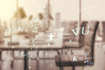 Abstract scientific formula hologram on a modern furnished office background. Multiexposure