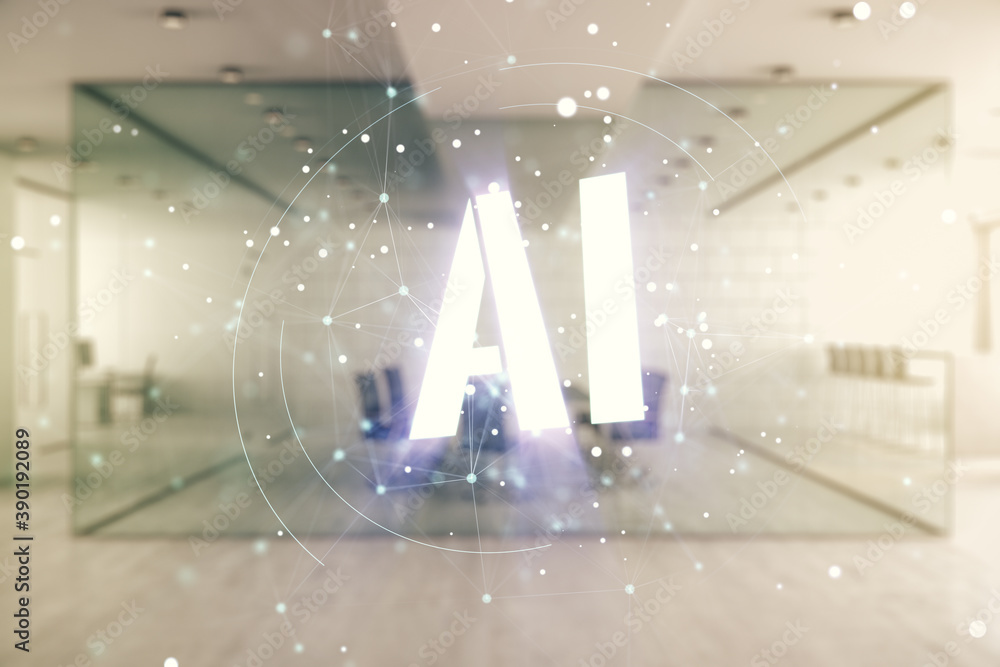 Poster double exposure of creative artificial intelligence icon on modern corporate office background. neur