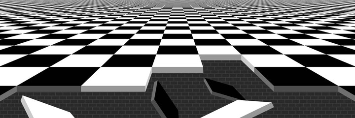 Abstract Black and White Geometric Pattern with Squares and Stripes. Empty Chess Board in Perspective. Crumbling Structure. Raster. 3D Illustration