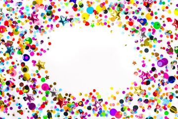 Colorful confetti oval border. Party template on white. Holiday flat lay card frame clipart with...