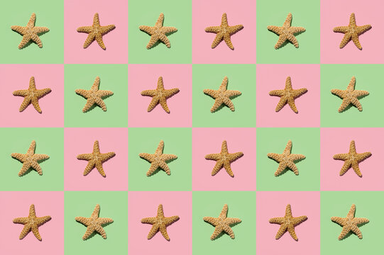 Graphic pattern of starfish on yellow and pink background