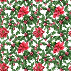 Fotobehang Holly poinsettia watercolor winter seamless pattern on white background, confetti stripes. Winter seamless pattern © Anton