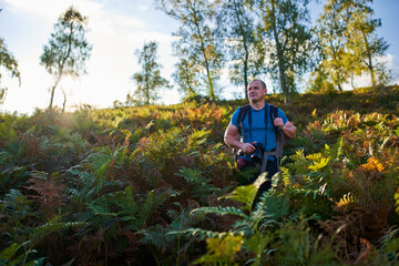 Nature photographer hiking into the forest